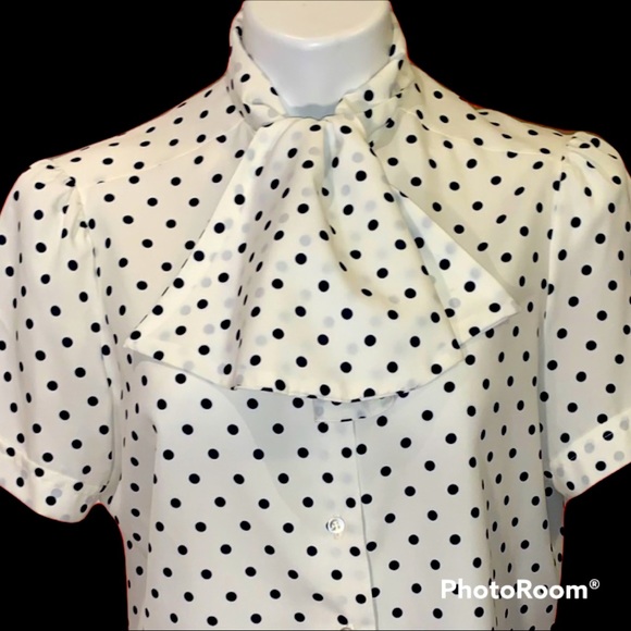SOLDVTG Puff Sleeve Polkadot Pussybow Button-down SS Rockabilly Blouse - Picture 2 of 3